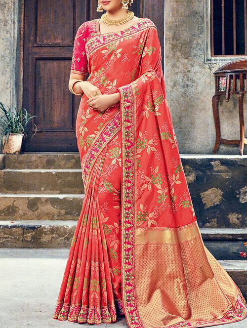 red raw silk woven saree with blouse - 14473321 - Very Small Image - 1