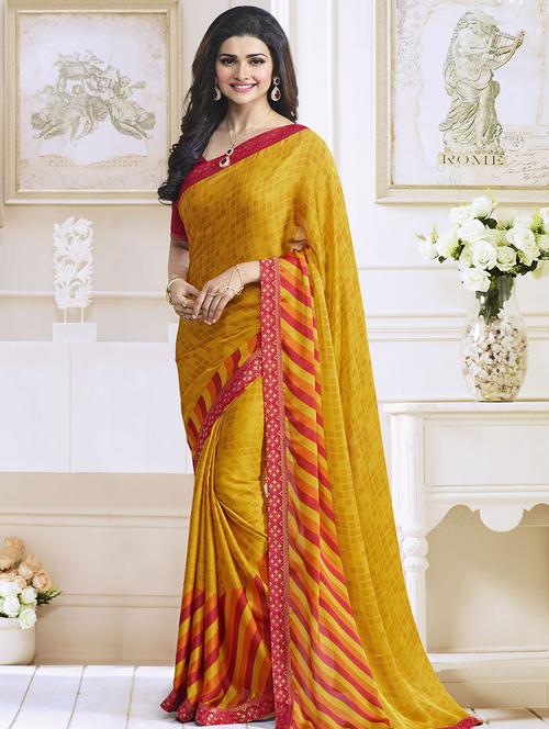 mustard georgette printed saree with blouse - 14473328 - Very Small Image - 1