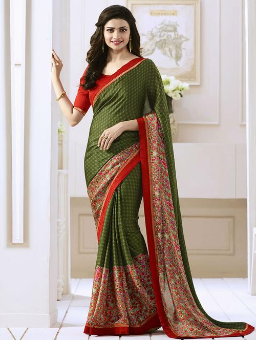 green georgette printed saree with blouse - 14473329 - Very Small Image - 1