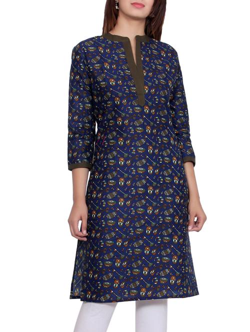 blue cotton straight kurta - 14473481 - Standard Image - 1