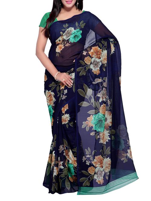 blue georgette plain saree with blouse - 14473533 - Very Small Image - 1