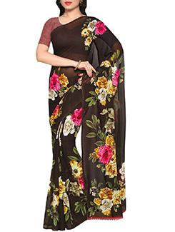 brown georgette printed saree with blouse - 14473534 - Very Small Image - 1