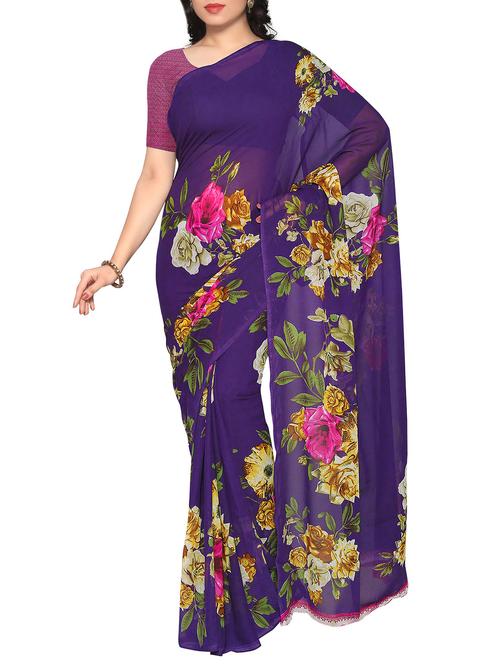 purple georgette plain saree with blouse - 14473536 - Very Small Image - 1