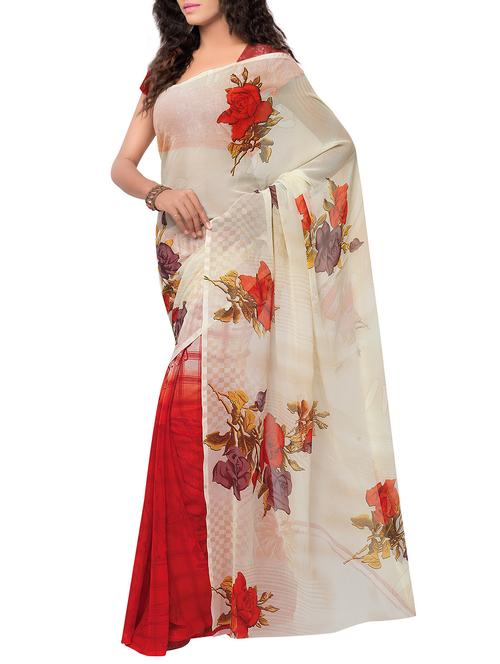 cream georgette plain saree with blouse - 14473537 - Very Small Image - 1