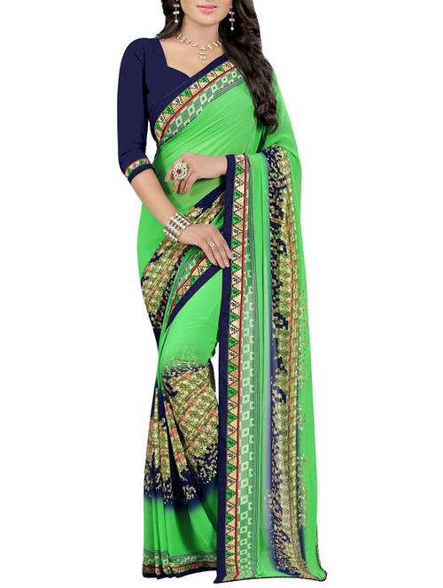 green georgette printed saree with blouse - 14473682 - Standard Image - 1