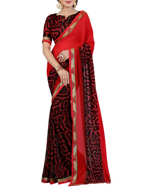 red georgette printed saree with blouse - 14473686 - Very Small Image - 1