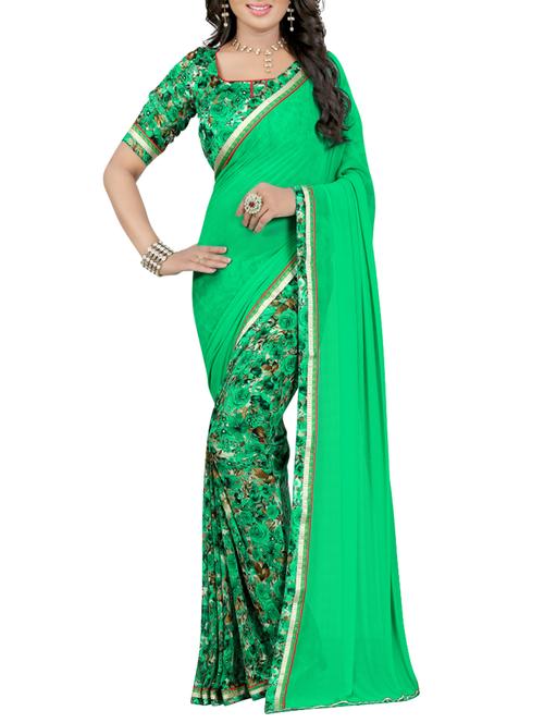 green georgette printed saree with blouse - 14473688 - Standard Image - 1