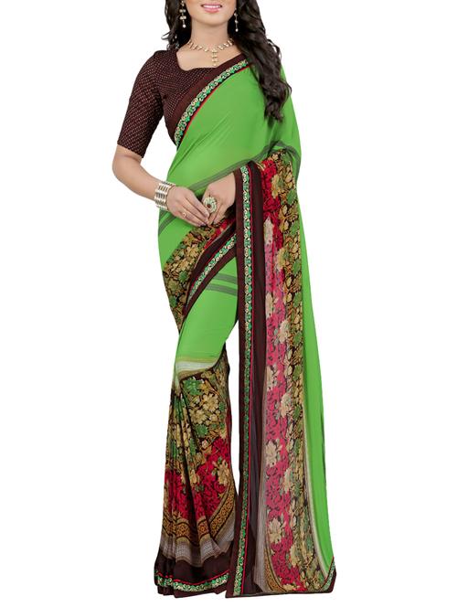 green georgette printed saree with blouse - 14473689 - Standard Image - 1