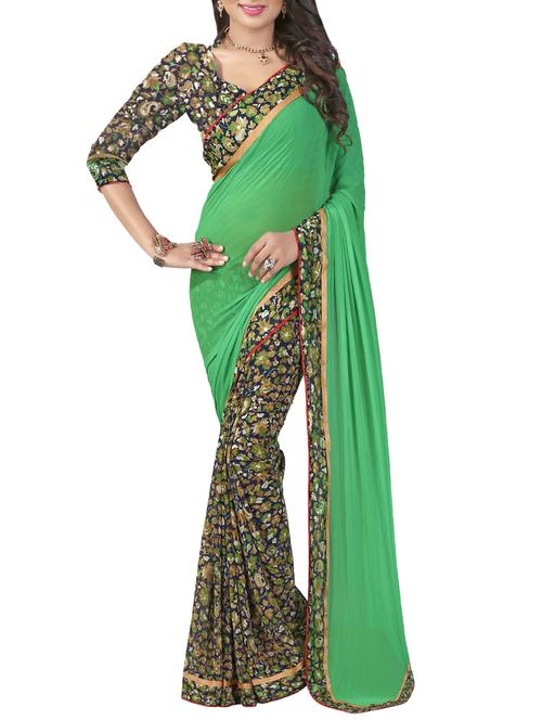 green georgette printed saree with blouse - 14473705 - Standard Image - 1