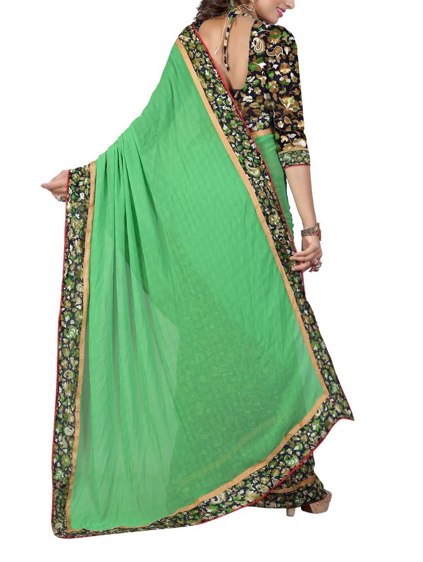green georgette printed saree with blouse - 14473705 - Zoom Image - 2