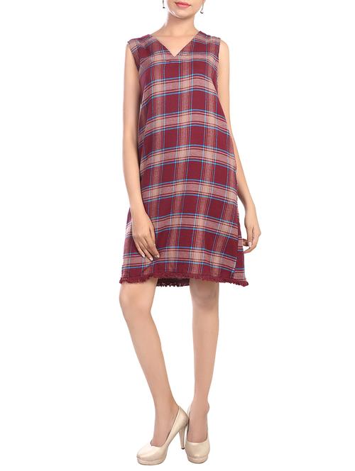 maroon cotton checkered dress - 14473881 - Standard Image - 1