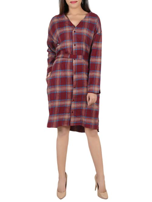 maroon cotton belted dress - 14473882 - Standard Image - 1