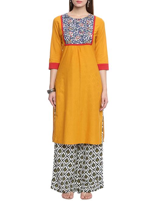mustard cotton straight kurta - 14474742 - Very Small Image - 1