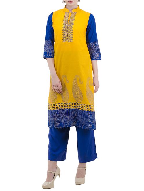 yellow cotton straight kurta - 14474892 - Very Small Image - 1