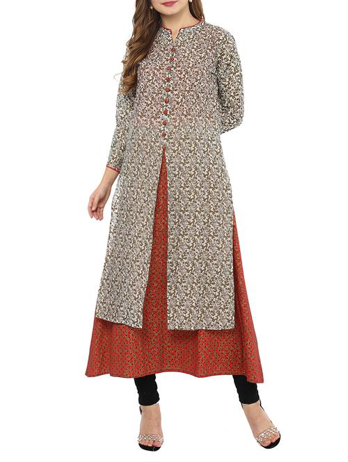 Brown Cotton Layered A-line Kurta - 14475028 - Standard Image - 1