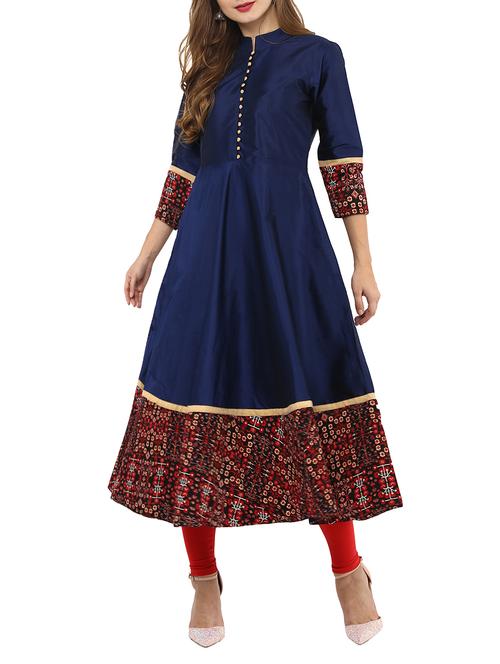navy blue silk flared kurta - 14475039 - Very Small Image - 1