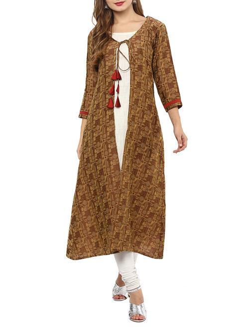 brown silk layered A-line kurta - 14475043 - Very Small Image - 1