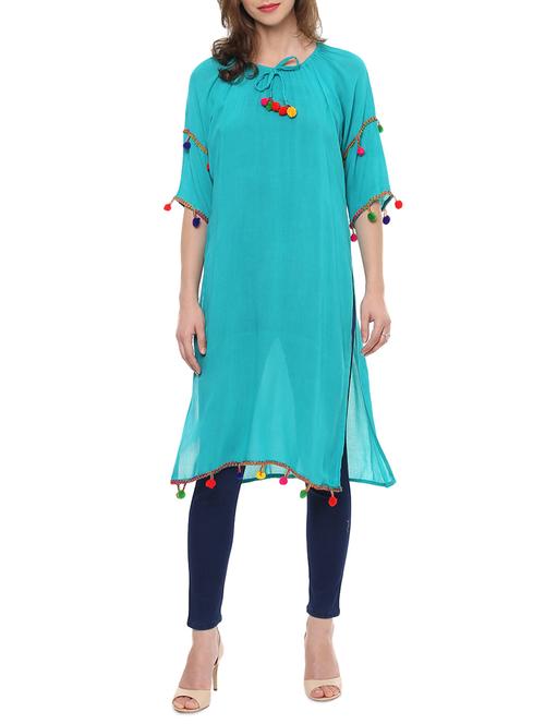 turquoise cotton pom pom straight kurta - 14475497 - Very Small Image - 1
