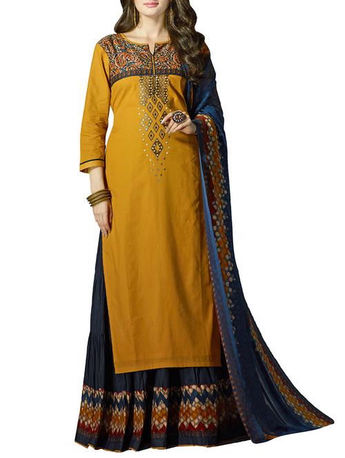 mustard cotton kurtaskirt semistitched suit - 14475918 - Very Small Image - 1