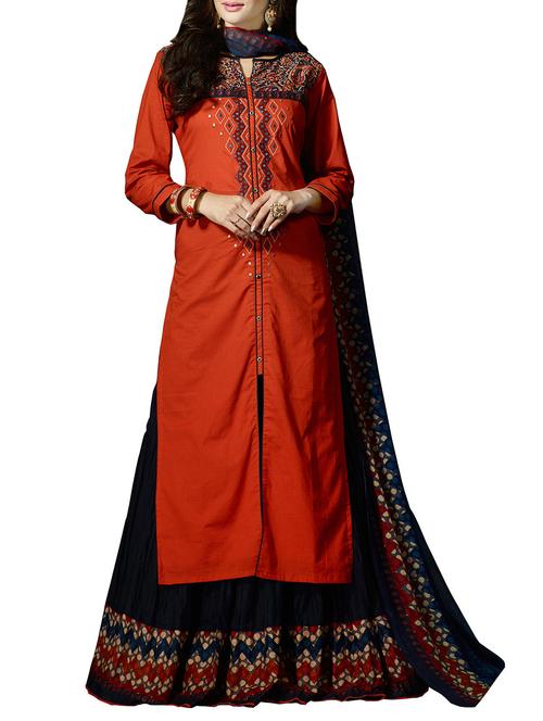 red cotton kurtaskirt semistitched suit - 14475923 - Very Small Image - 1