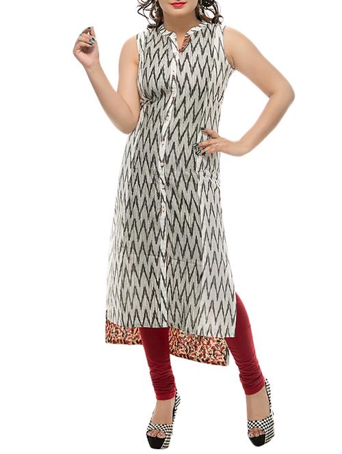 cream cotton high-low kurta - 14476488 - Very Small Image - 1