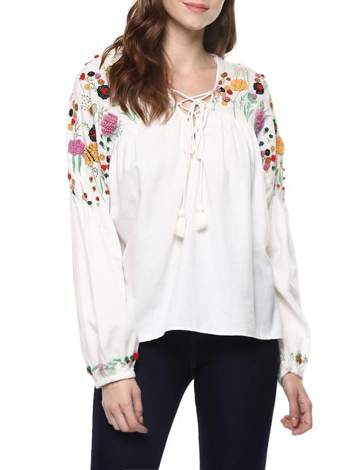 miway white cotton floral embroidered top - 14476522 - Very Small Image - 1