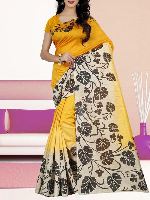 yellow silk blend printed saree with blouse - 14477751 - Very Small Image - 1