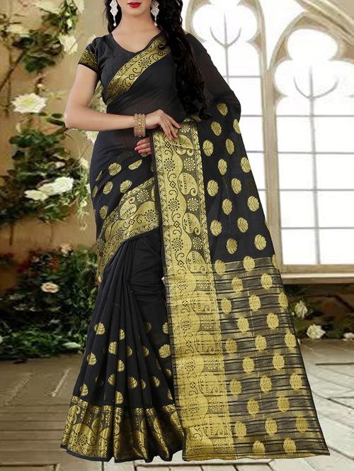 black silk blend woven saree with blouse - 14477756 - Very Small Image - 1