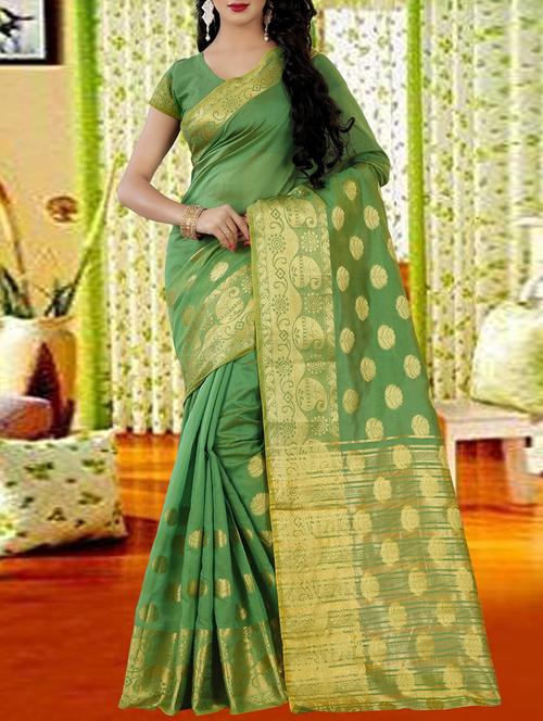 green silk blend woven saree with blouse - 14477757 - Very Small Image - 1