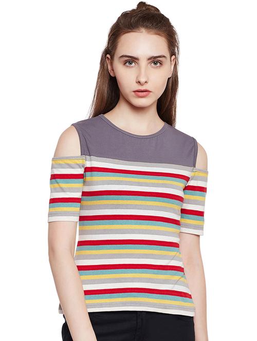grey striped cold shoulder top - 14477822 - Standard Image - 1