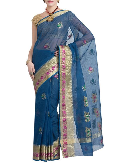 blue kota doria saree with blouse - 14477834 - Very Small Image - 1