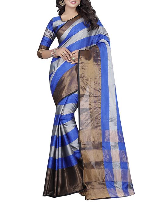 blue cotton blend striped woven saree with blouse - 14477843 - Very Small Image - 1