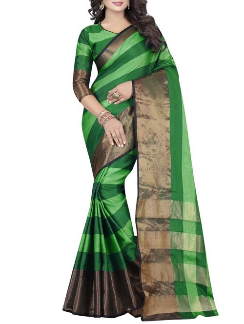 green cotton blend striped woven saree with blouse - 14477844 - Very Small Image - 1