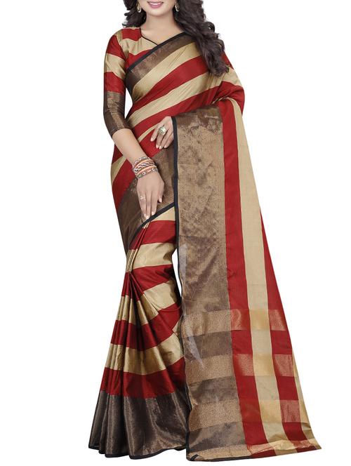 red cotton blend striped woven saree with blouse - 14477846 - Very Small Image - 1