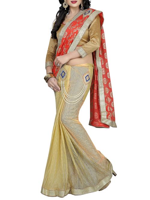 beige lycra embellished half & half saree with blouse - 14477859 - Very Small Image - 1