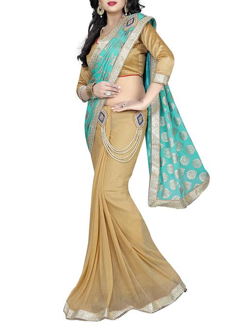 cream colored lycra embellished half & half saree with blouse - 14477861 - Very Small Image - 1