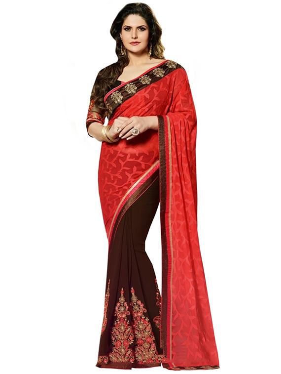 red half & half embroidered saree with blouse - 14477865 - Zoom Image - 1