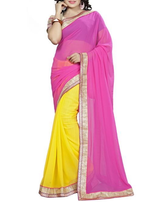 pink and yellow half & half saree with blouse - 14478210 - Very Small Image - 1