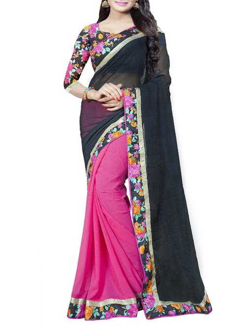 black and pink half & half saree with blouse - 14478216 - Standard Image - 1