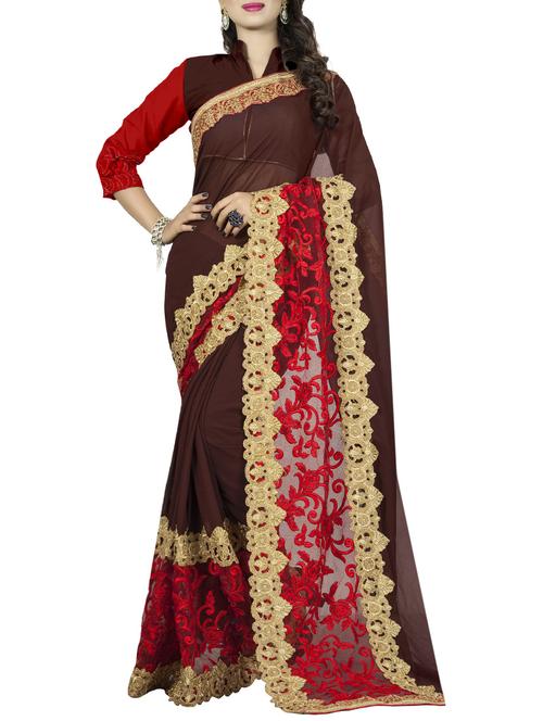 brown georgette embroidered saree with blouse - 14478227 - Standard Image - 1