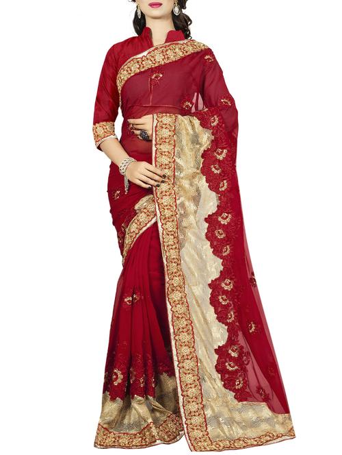 red georgette embroidered saree with blouse - 14478228 - Standard Image - 1
