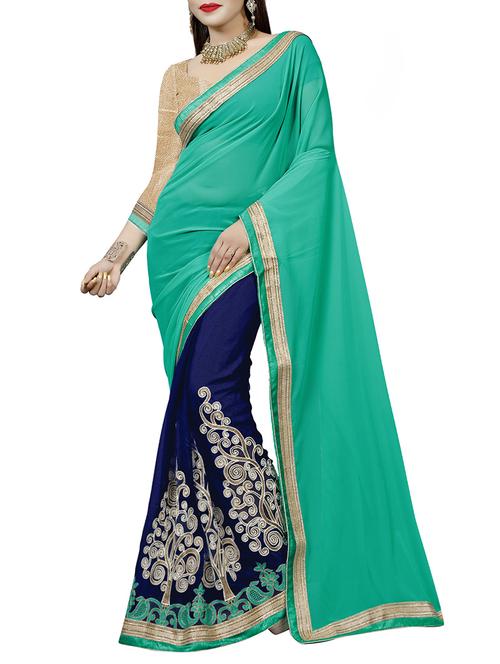 turquoise and blue half & half saree with blouse - 14478232 - Very Small Image - 1