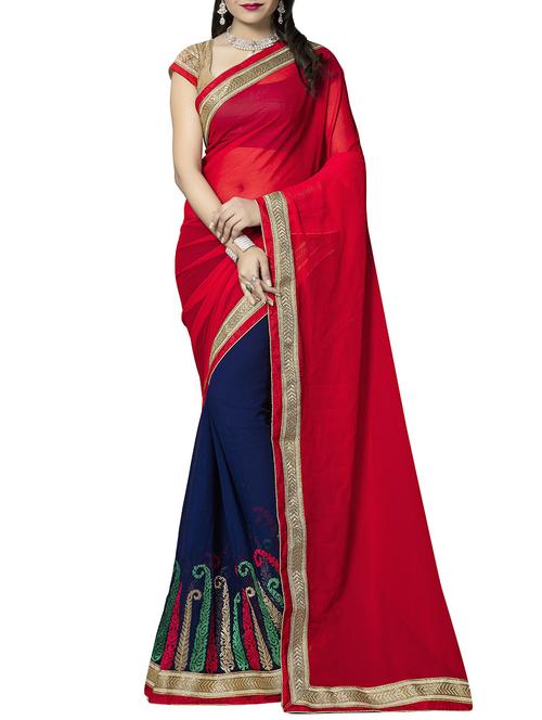red and blue half & half saree with blouse - 14478233 - Very Small Image - 1