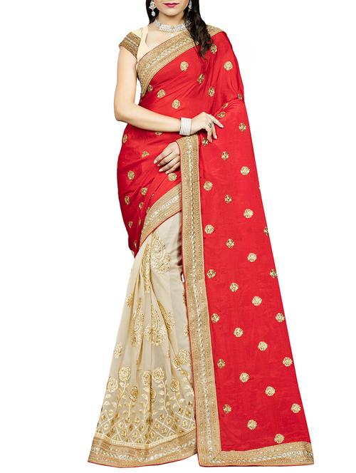 red and beige half & half saree with blouse - 14478238 - Very Small Image - 1