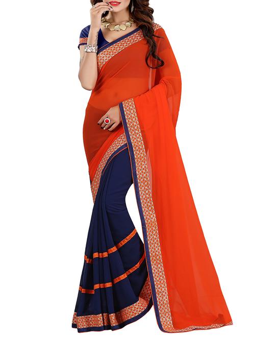 orange and blue half & half saree with blouse - 14478239 - Standard Image - 1