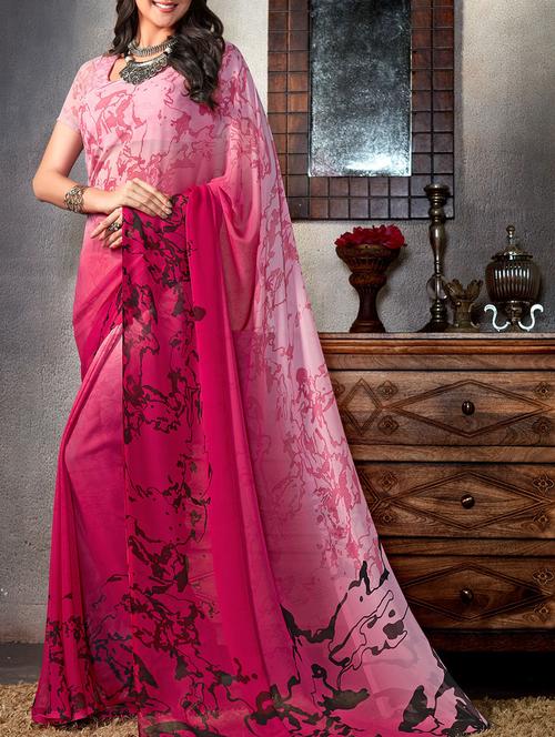pink georgette printed saree with blouse - 14478248 - Very Small Image - 1