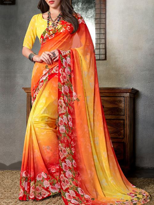 yellow georgette printed saree with blouse - 14478255 - Very Small Image - 1