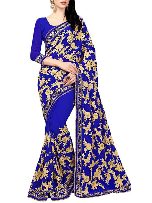 blue georgette embroidered saree with blouse - 14478263 - Standard Image - 1