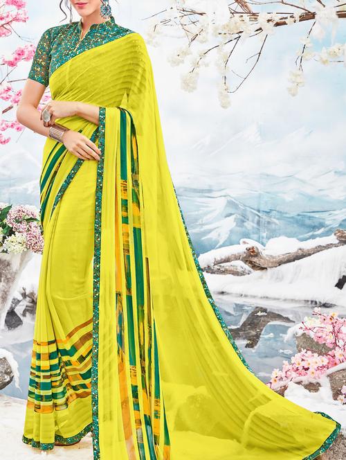 yellow georgette printed saree with blouse - 14478310 - Very Small Image - 1