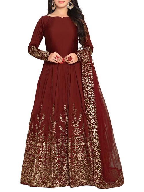 maroon silk flared suits semistitched suit - 14478454 - Very Small Image - 1
